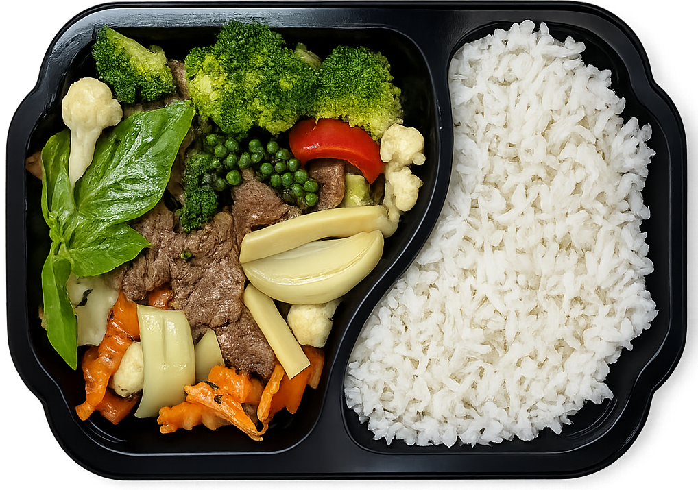 Thai biffwok med brokkoli, grønnsaker og jasminris