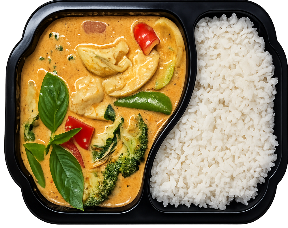 Thai rød curry med kylling, grønnsaker og ris